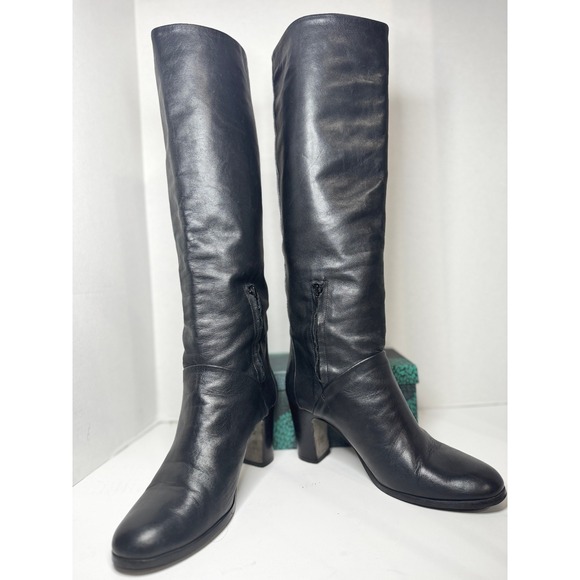 Max Mara Weekend Black Leather Knee High 8 Block Heel Boots Italian Quiet Luxury - Picture 1 of 16